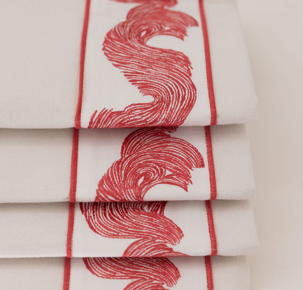 The trim of Roman blinds that are white with red details. 